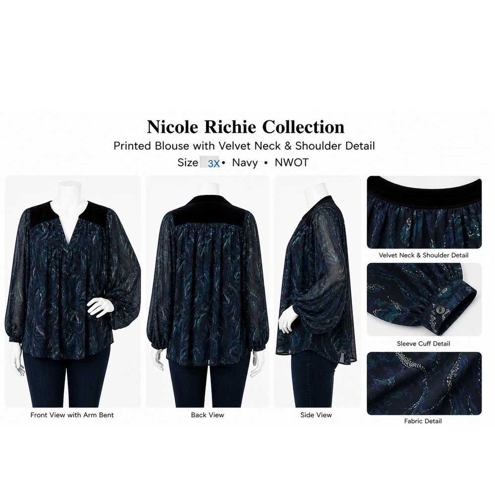 Nicole Richie Collection Navy Blue Printed Velvet Trim Blouse Plus Size 3X NWOT